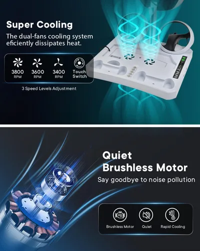 Vista 3 de Estación de carga PS VR2 PS-5 con ventilador de refrigeración, organizador de accesorios para PS5 VR 2 controladores, soporte de carga 3 en 1