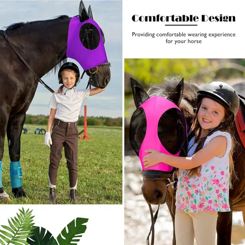 Vista 3 de Weewooday 2 máscaras de mosca de caballo para caballos, máscara de caballo con orejas, máscara suave y elástica con protección UV (morado, rosa, M)