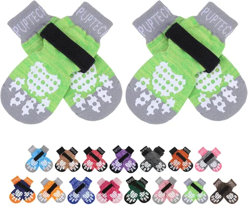 Vista 17 de PUPTECK Calcetines antideslizantes de doble cara para perro con correas ajustables para uso en interiores, 2 pares de calcetines de control