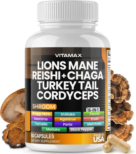 Vitamax Champiñón de melena de leones, cola de pavo, Chaga y Reishi, Cordyceps Shiitake White Elm King Trompet Nameko Oyster Porcini Focus & Energy