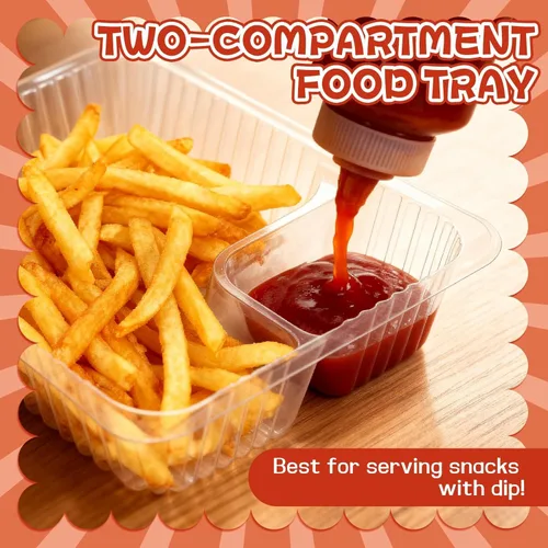Vista 5 de Vmiapxo 200 bandejas de plástico para nachos de 12 onzas, contenedor desechable de 6.5 x 5.1 pulgadas, 2 compartimentos para aperitivos y salsas