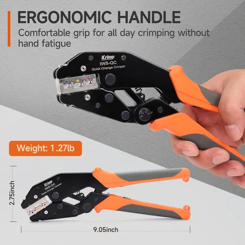 Vista 6 de iCrimp - Juego de herramientas de crimpado de trinquete con pelacables, mordazas de cambio rápido para terminales de barril abierto, terminales