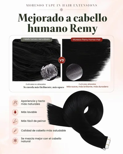 Vista 2 de Moresoo Extensiones de cabello humano real corto y lacio con cinta adhesiva, color #1 negro azabache, 20 piezas, 1.06 oz (30 g), 10 pulgadas