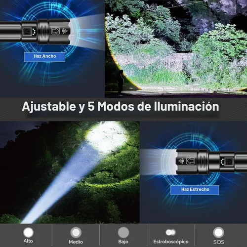 Vista 3 de Linterna LED recargable de alto lúmenes, 80000 lúmenes brillante y potente linterna, 5 modos, luz de flash de mano impermeable IPX6 para acampar