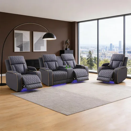 Vista 31 de Sofá reclinable individual eléctrico para muebles de sala de estar, silla reclinable de cuero con luces LED, puertos USB, almacenamiento oculto