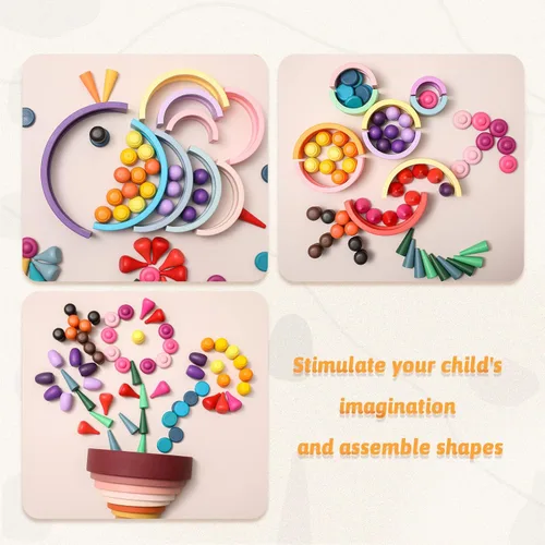 Vista 6 de Promise Babe 162 piezas sueltas de madera de juguete de arco iris apilable para niños pequeños, juego sensorial, materiales Montessori coloridos