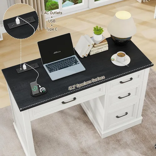 Vista 5 de Vabches Farmhouse - Escritorio ejecutivo de 47 pulgadas, escritorio para computadora con cajones y cajón de archivos, escritorio de computadora