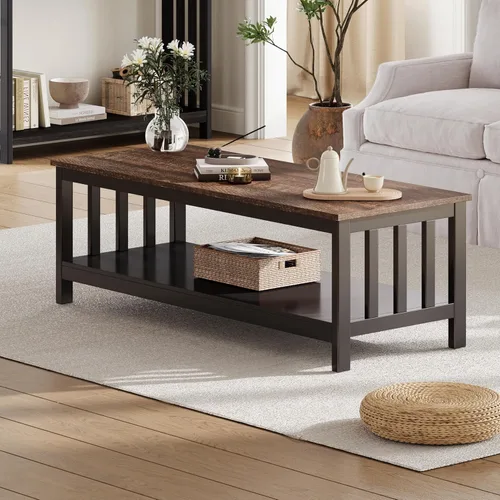 Vista 11 de ChooChoo Mission - Mesa de centro de madera negra con estante, 40 unidades, color negro