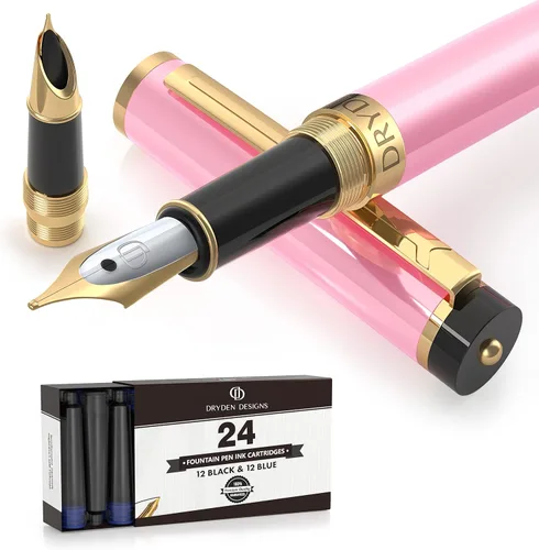 Dryden Designs Pluma estilográfica, punta media y fina, incluye 24 cartuchos de tinta y convertidor de recarga de tinta, escritura consistente, Rosa
