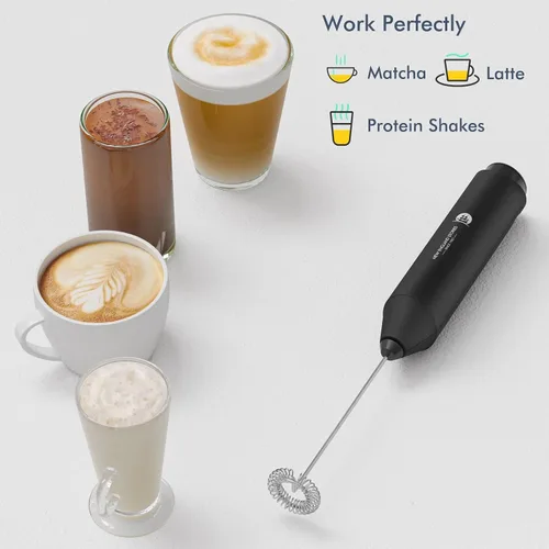 Vista 4 de Espumador de leche de mano potente, mini batidor mezclador de bebidas para café, capuchino, café con leche, matcha, chocolate caliente, con soporte