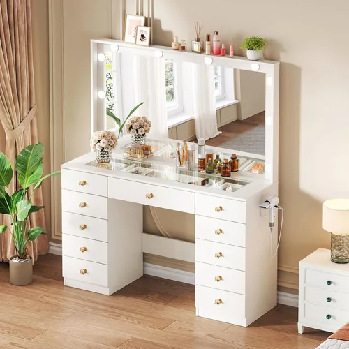 Vista 8 de Escritorio de Tocador con Espejo Grande y 10 Luces LED, Escritorio de Maquillaje con Superficie de Cristal con 11 Cajones y Toma de Corriente