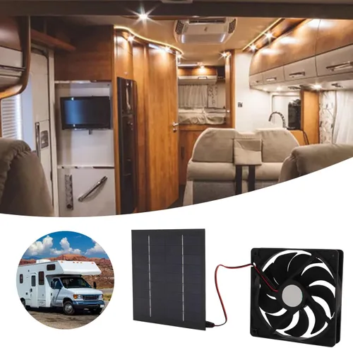 Vista 4 de Kit de panel solar y ventilador para caravana, ventilador de panel solar de 5 V, 2 A, 10 W, mini ventilador para caravana, yate, invernaderos, casas