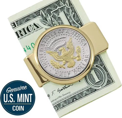Vista 5 de Clip de dinero para monedas, sello presidencial JFK medio dólar en capas selectivamente en oro puro de 24 quilates, clip de dinero de latón