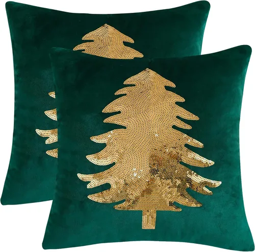Juego de 2 fundas de almohada decorativas de Navidad, 18 x 18 pulgadas, árbol de Navidad con lentejuelas, color verde oscuro, funda de cojín para