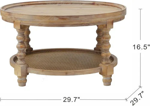 Vista 2 de Mesa de centro redonda de madera rústica de 29.7 pulgadas de 2 niveles con 29.7''-Rustic Natural
