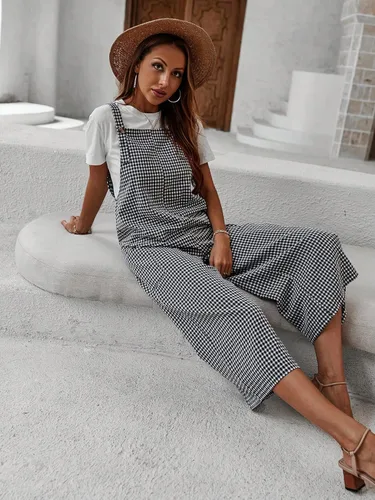 Vista 4 de Floerns Overol de mujer con estampado de cuadros y cintura alta y pierna ancha