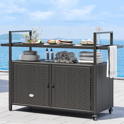 YITAHOME Carrito grande de mimbre para isla de cocina al aire libre, mesa de bar para patio con marco grueso, armario de almacenamiento de patio con