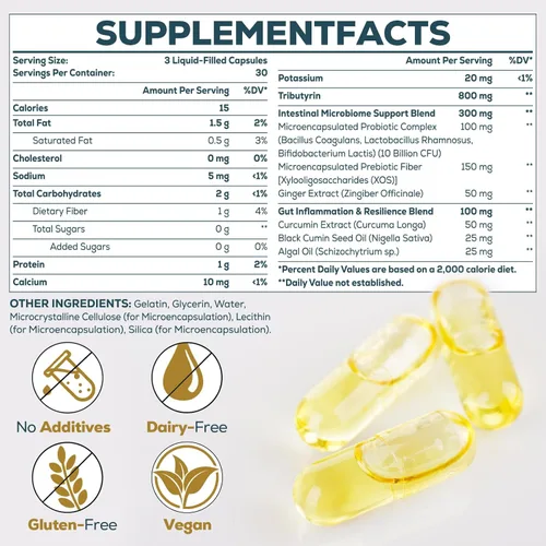 Vista 2 de Suplemento de tributirina para intestino e inmune de 800 mg Alta biodisponibilidad con probióticos y prebióticos microencapsulados - Complejo