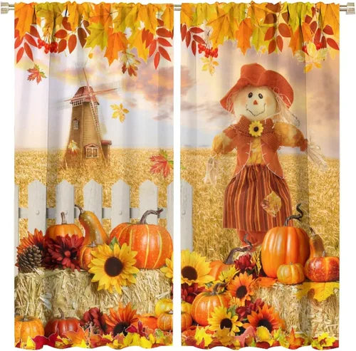 Vista 28 de Divertidas cortinas opacas de calabaza y espantapájaros para sala de estar, rústicas de otoño, hojas de arce, girasol, cosecha de otoño, puesta