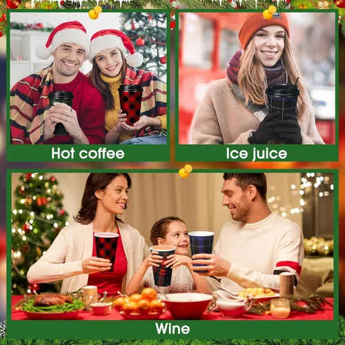 Vista 6 de Uiifan 50 tazas de café desechables de Navidad de 16 onzas, vasos de papel a cuadros, tazas de Navidad con tapas para Navidad, Año Nuevo