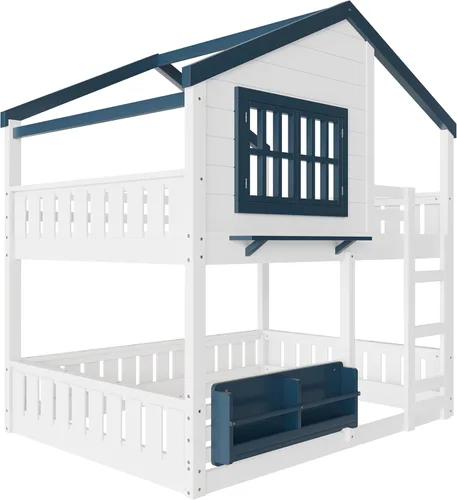 Vista 172 de Cama de casa de tamaño individual con elegantes ventanas y estantería, litera con diseño de castillo de madera con barandillas de seguridad