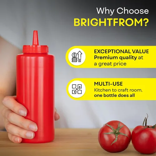 Vista 6 de BRIGHTFROM Botellas exprimibles para condimentos, rojo/amarillo botella vacía de 12 onzas con cuello ancho, ideal para salsa de tomate, mostaza