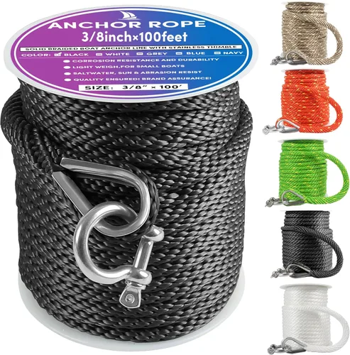 Vista 35 de Cuerda de anclaje premium de 50 pies x 1/2 pulgadas, línea de anclaje trenzada sólida MFP para barco con dedal y grillete - Negro