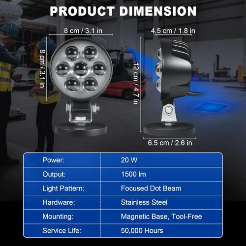 Vista 6 de Luz LED de seguridad para carretilla elevadora, luz azul con montaje magnético, voltaje ancho DC10-80V, impermeable IP68, carcasa de aluminio