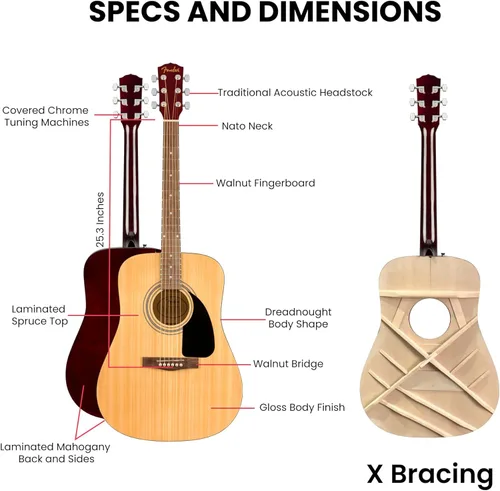Vista 9 de Fender Guitarra acústica Dreadnought - Paquete natural con estuche, afinador, cuerdas, correa y púas