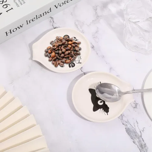 Vista 6 de ORIGACH 2 piezas de soporte de cuchara de cerámica para café de gato, soporte para cuchara para decoración de estación de café, soporte