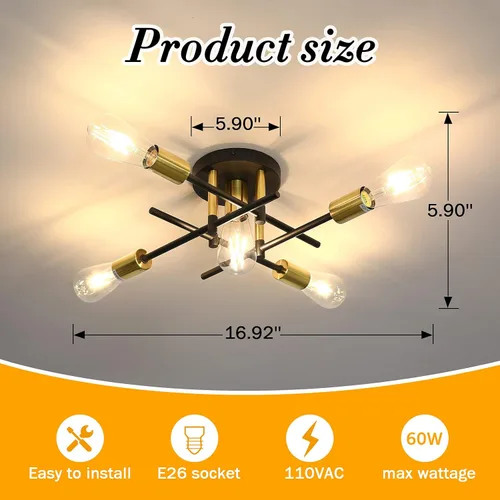 Vista 2 de UOFUS Lámpara de techo semiempotrada de 5 luces estilo casa de campo con lámpara E26 moderna lámpara de techo Sputnik negro mate y dorado