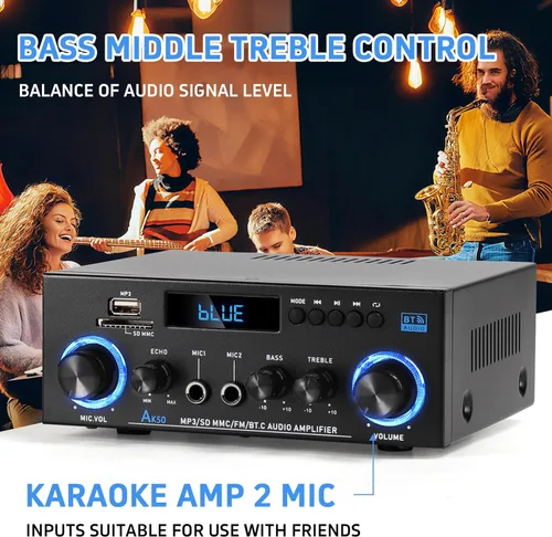 Vista 8 de Joengoep AK50 Amplificador de audio para el hogar, receptor estéreo de 400 W para el hogar 2.0 canales con Bluetooth 5.0, salida de subwoofer