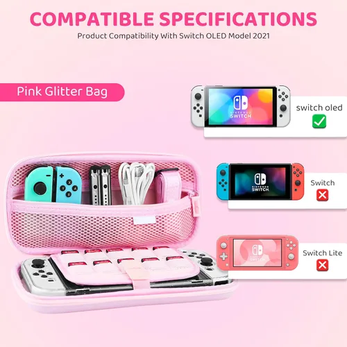 Vista 4 de GLDRAM Pink Travel Case for Nintendo Switch OLED & Accessories, Portable Carrying Case with Clear Glitter Dockable Switch OLED Protective Skin