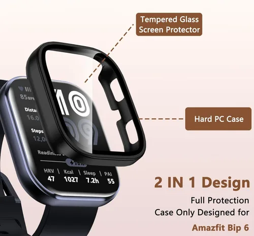 Vista 2 de EWUONU Paquete de 2 fundas compatibles con Amazfit Bip 6, protector de pantalla de vidrio templado con cubierta de policarbonato duro, a prueba