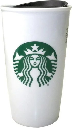 Starbucks Classic White and Green Coffee Traveler Tumbler Double Wall Ceramic Coffee Travel 12 oz