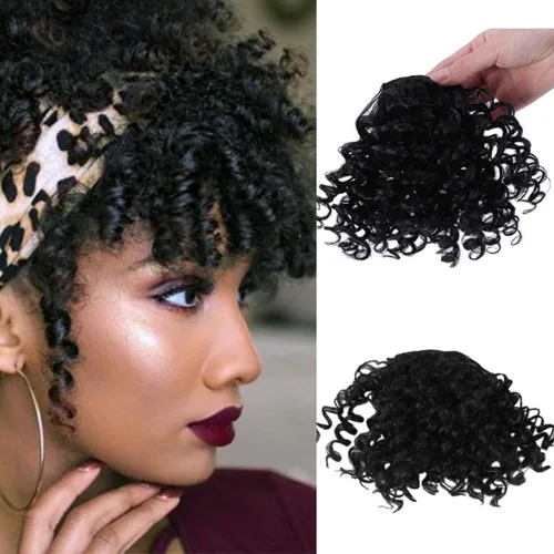Vista 4 de Extensión de cola de caballo con cordón corto negro Afro Puff Kinky Curly Bangs Clip corto para mujeres peluca pieza