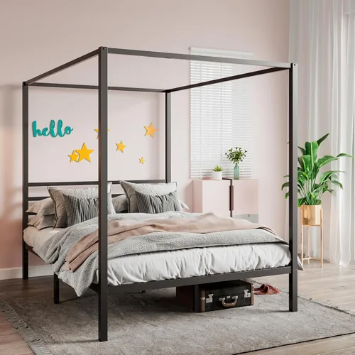Vista 6 de SHA CERLIN Base de cama con dosel, tamaño Queen, base de colchón con soporte de listones de metal, no necesita somier, fácil montaje, color negro