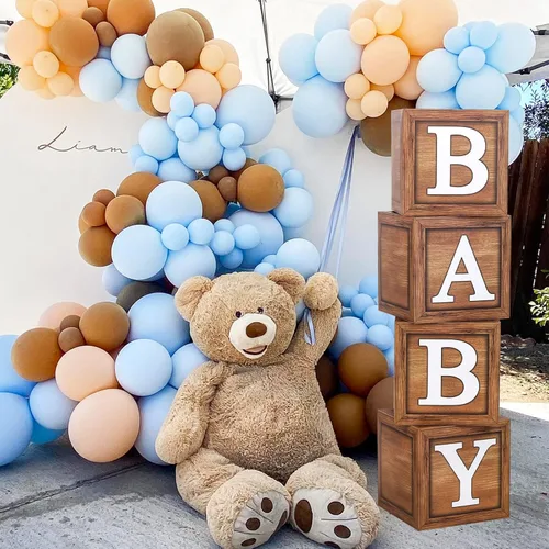 Vista 3 de Cajas de baby shower para decoraciones de cumpleaños – 4 cajas de globos de bebé de grano de madera marrón, cajas de bebé para decoración de centro