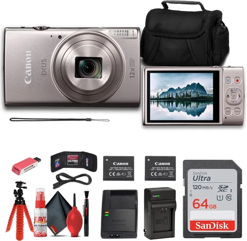 Canon PowerShot IXUS 285 HS 12X Cámara digital con zoom óptico (plateado) + NB11L + tarjeta de memoria de 64 GB + estuche + cargador + lector de