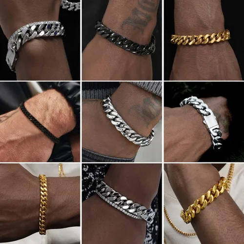 Vista 2 de ChainsHouse - Pulsera de eslabones cubanos de acero inoxidable para hombre, 5mm/7mm/9mm/12mm de ancho, 7.5"/8.3"/9" de largo, cadena chapada en oro