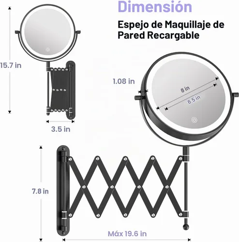 Vista 4 de 8" recargable montado en la pared espejo de maquillaje aumento echado a un Negro