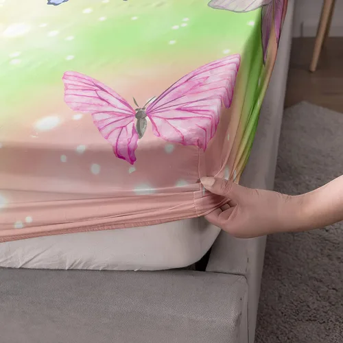 Vista 12 de Juego de sábanas de 4 piezas ajustadas y planas para niñas, estampado de mariposas y flores rosas con 1 + 2 fundas de almohada para cama individual