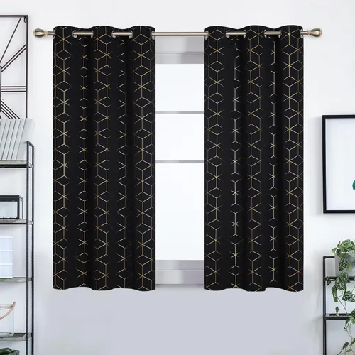 Vista 2 de Deconovo Cortinas opacas, aislamiento térmico y reducción de ruido, estampado de lámina de diamante – ojales en la parte superior, 2 paneles, Negro