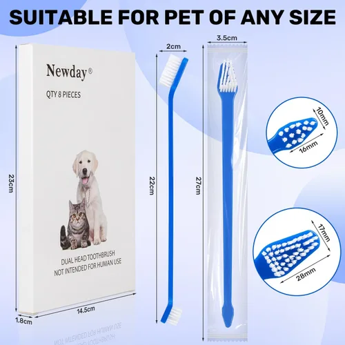 Vista 2 de Newday Juego de 8 cepillos de dientes para perros, de doble cabeza, higiene dental, práctico cepillo de dientes suave para limpiar los dientes