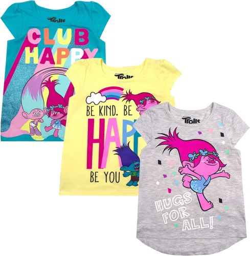 DreamWorks Trolls Poppy, Branch, Satin and Chenille Girls 3 Pack T-Shirt for Toddler BlueYellowGrey