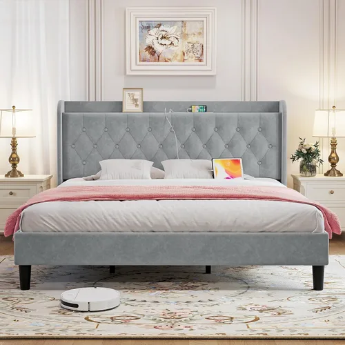 Vista 12 de koorlian Marco de cama tamaño matrimonial, Marco de cama tamaño matrimonial con cabecero, Marco de cama tapizado ajustable con puerto tipo C y USB