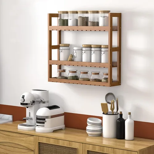 Vista 5 de Estante Domax de bambú, para baño, 3 niveles de montaje en pared, multifuncional, capa ajustable, de pie, para colocar por encima del inodoro