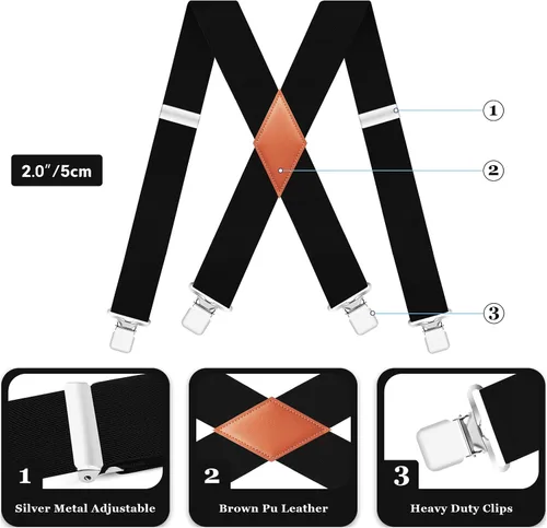 Vista 2 de Howwide Tirantes de 2 pulgadas para hombre resistentes con clips X-Back elástico ajustable