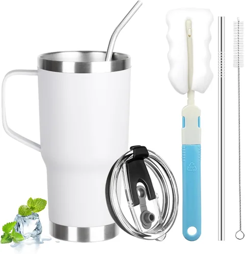 Vista 32 de Vaso de 20 onzas con asa, vaso aislado de acero inoxidable con tapa y pajilla, taza de café aislada al vacío de doble pared, taza térmica de café