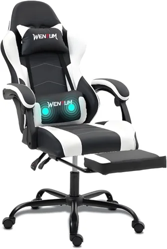 Vista 10 de Silla para videojuegos, silla de videojuegos con reposapiés y soporte lumbar de masaje, silla ergonómica de computadora ajustable en altura